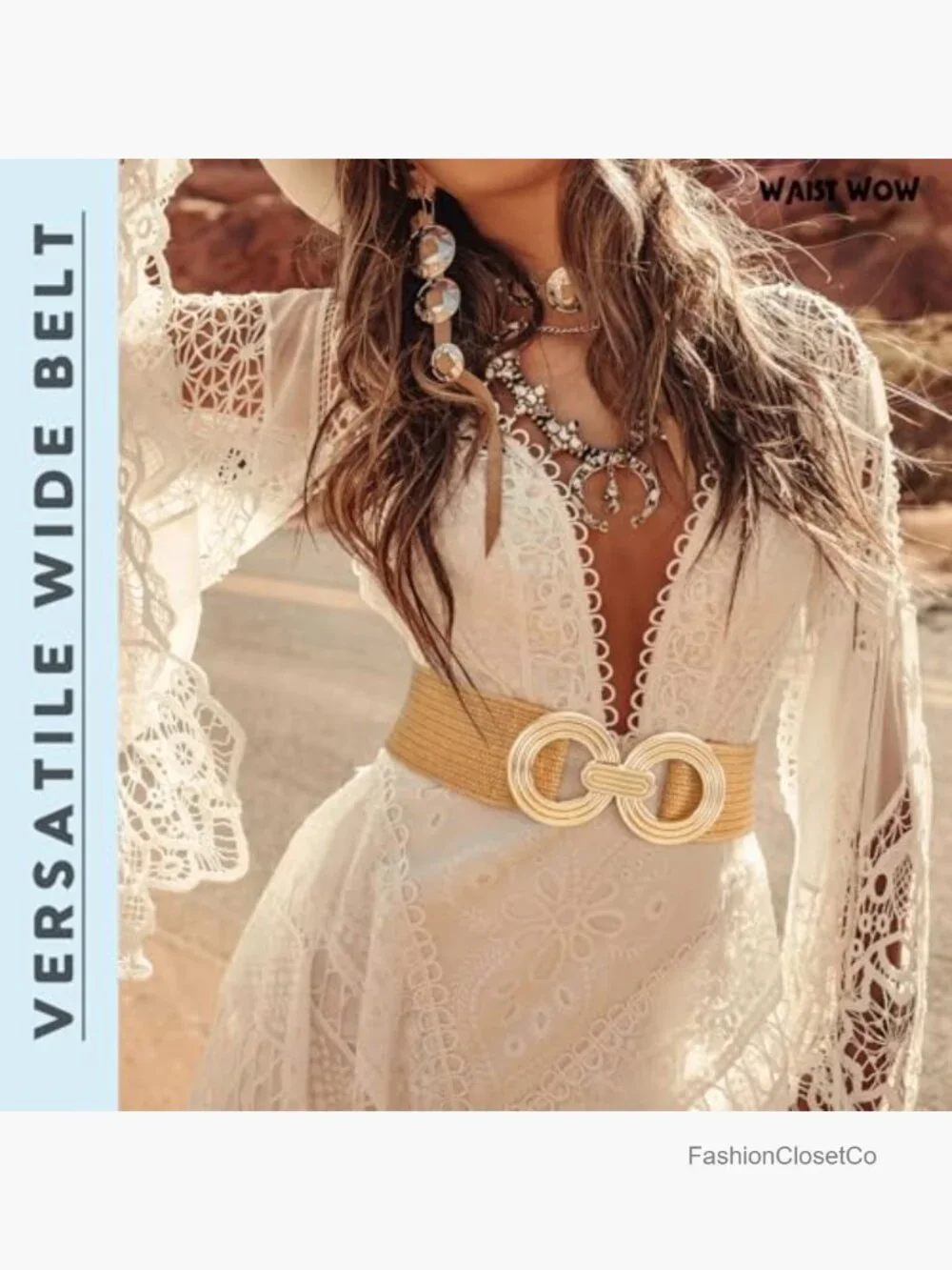 Straw Woven Elastic Belt with Gold Buckle Stretchy Wide Boho Dress Belt